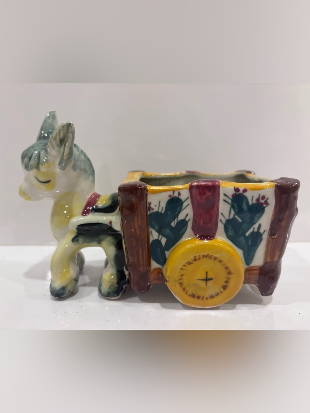Vintage Ceramic Donkey Burro Wagon Planter Cactus Design Japan Mid-Century